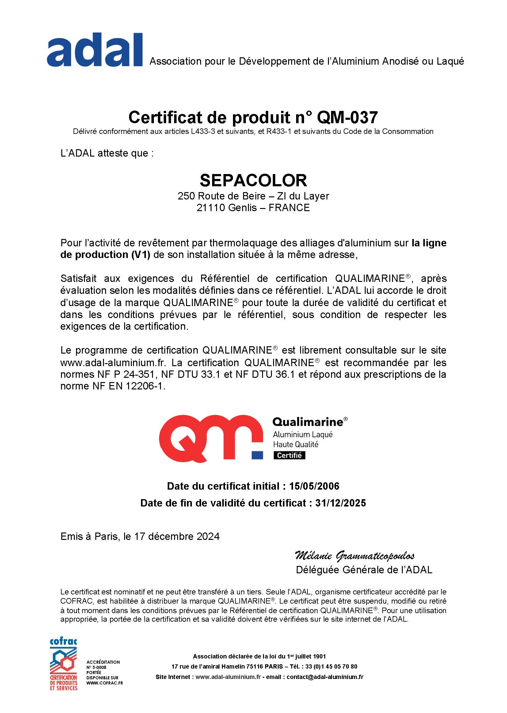 Certificat Qualimarine 2025